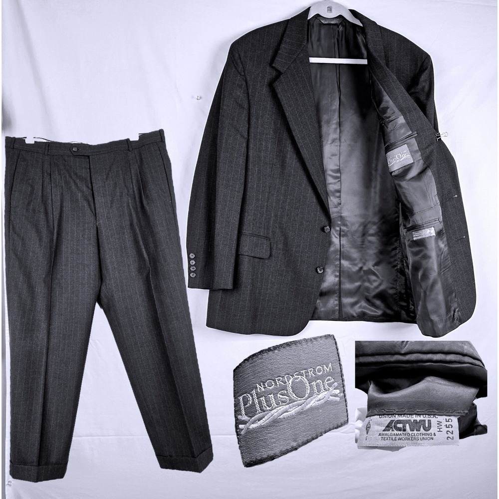 Nordstrom PlusOne Mens Vintage Pinstripe Suit Charcoal Gray USA Union Made 46R